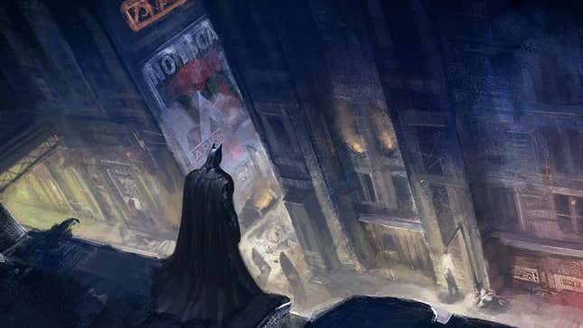 Concept art shows Arkham City's Batman looking out over a Gotham street. 