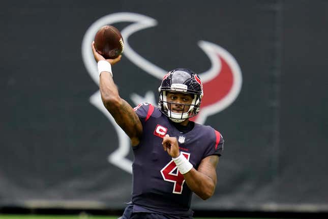 In this Dec. 27, 2020, file photo, Houston Texans quarterback Deshaun Watson throws a pass during an NFL football game against the Cincinnati Bengals in Houston. A person familiar with the decision tells AP quarterback Deshaun Watson has changed his mind and will accept a trade to the Cleveland Browns, Friday, March 18, 2022.