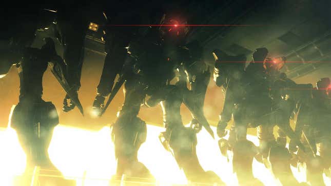 Armored Core mechs prepare to jump out of an airplane.