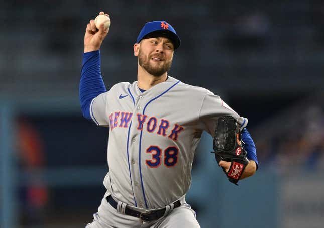 Apr 18, 2023; Los Angeles, California, USA; New York Mets starting pitcher Tylor Megill (38) throws in the first inning against the Los Angeles Dodgers at Dodger Stadium.
