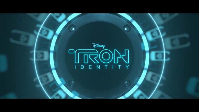 The Tron: Identity logo floats within a pale blue ring.