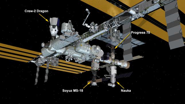Graphic showing the ISS configuration as of July 29, 2021.