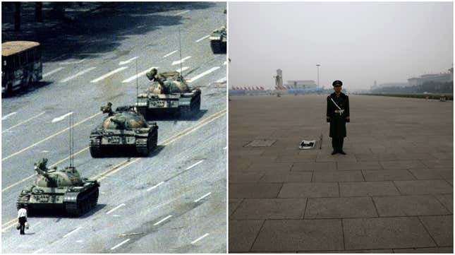 LEFT: A Beijing citizen stands passively in front of a convoy of tanks, June 1989. RIGHT: Paramilitary policeman stands guard with a shield and a stick, March 2014