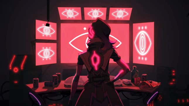 A shadowy Overwatch character stares at a bank of glowing monitors.