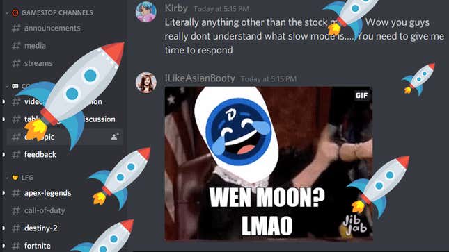 GameStop Discord discusses stonks, along with spaceship emoji.