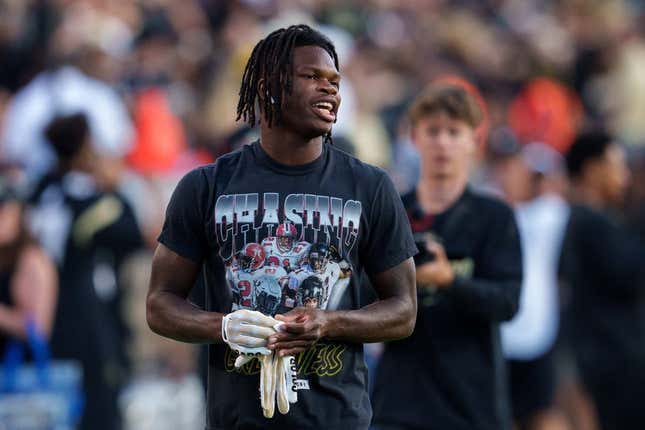 Sep 16, 2023; Boulder, Colorado, USA; Colorado Buffaloes cornerback Travis Hunter (12) warms up prior to the game against the Colorado State Rams at Folsom Field.