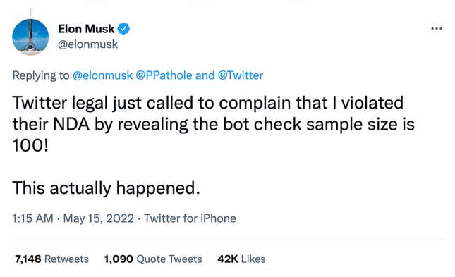 A screenshot of Elon Musk's tweet in which he rants that Twitter legal called him to complain.