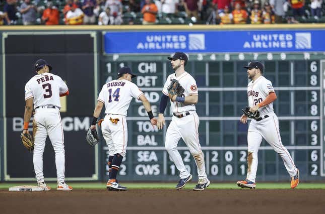 Aug 22, 2023; Houston, Texas, USA; Houston Astros right fielder Kyle Tucker (30) celebrates with teammates after the game against the Boston Red Sox at Minute Maid Park.