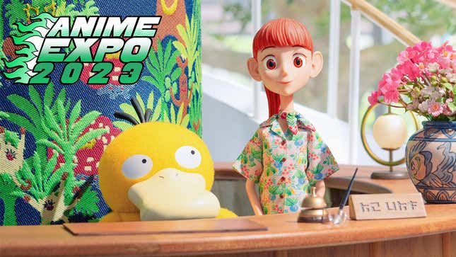 A Pokémon Concierge promotional image shows Haru and Psyduck standing behind a hotel desk. 
