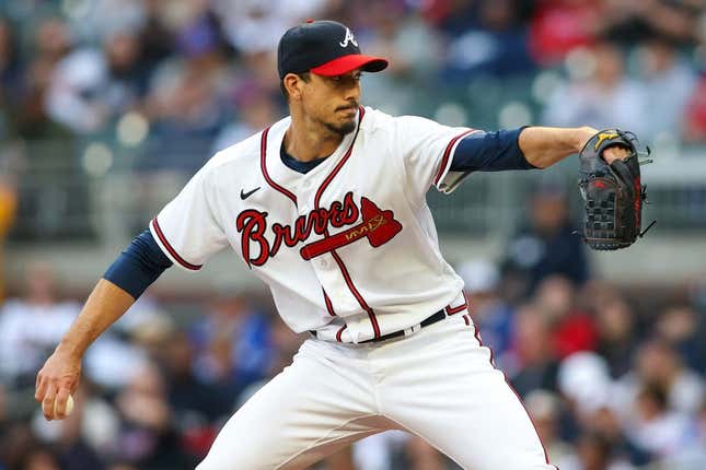 Apr 25, 2023; Atlanta, Georgia, USA; Atlanta Braves starting pitcher Charlie Morton (50) throws against the Miami Marlins in first inning at Truist Park.