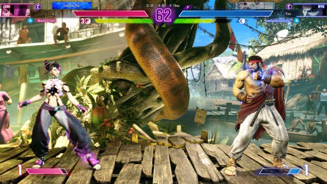 Juri and Ryu are seen facing each other on a wooden bridge.