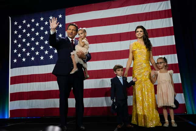 Incumbent Florida Republican Gov. Ron DeSantis, his wife Casey and their children on stage, after speaking to supporters at an election night party after winning his race for reelection in Tampa, Fla., Tuesday, Nov. 8, 2022