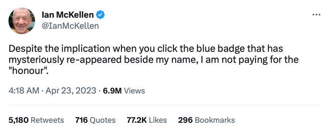 A screenshot of a tweet from Ian McKellen saying he did not pay for the "honor" of a blue checkmark.