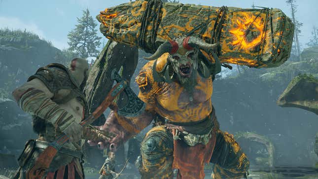 Kratos and Atreus fight a large beast weilding a stone pillar as a weapon.
