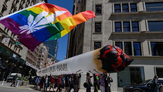 Demonstrators march in the annual NYC Cannabis Parade &amp; Rally in support of the legalization of marijuana for recreational and medical use, on May 1, 2021 in New York City