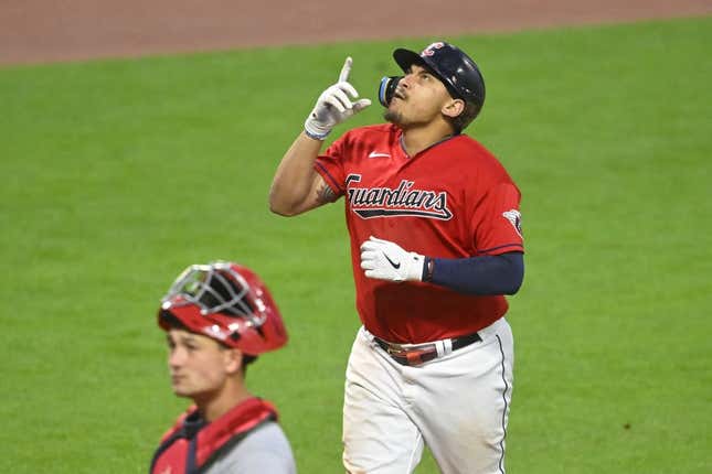 May 13, 2023; Cleveland, Ohio, USA; Cleveland Guardians first baseman Josh Naylor (22) celebrates his three-run home run in the eighth inning against the Los Angeles Angels at Progressive Field.