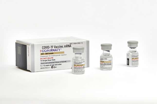 This photo provided by Pfizer in September 2023 shows single-dose vials of the company&#39;s updated COVID vaccine for adults. U.S. regulators have approved updated COVID-19 vaccines from Pfizer and Moderna, shots aimed at revving up protection this fall and winter. The Food and Drug Administration&#39;s decision Monday, Sept. 11, 2023 is part of a shift to treat fall COVID-19 vaccine updates much like getting a yearly flu shot. (Pfizer via AP)