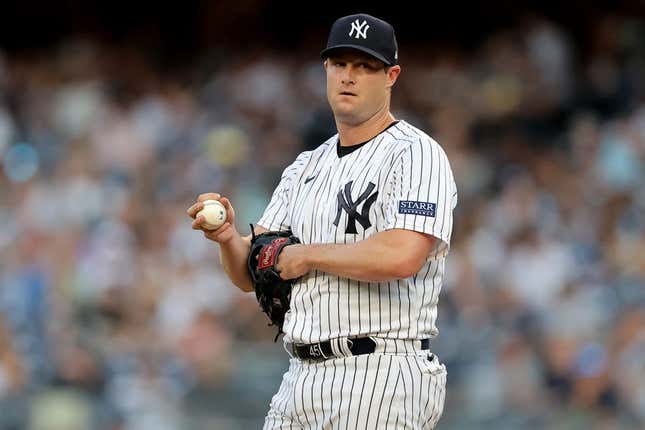 Aug 2, 2023; Bronx, New York, USA; New York Yankees starting pitcher Gerrit Cole (45) reacts during the first inning against the Tampa Bay Rays at Yankee Stadium.