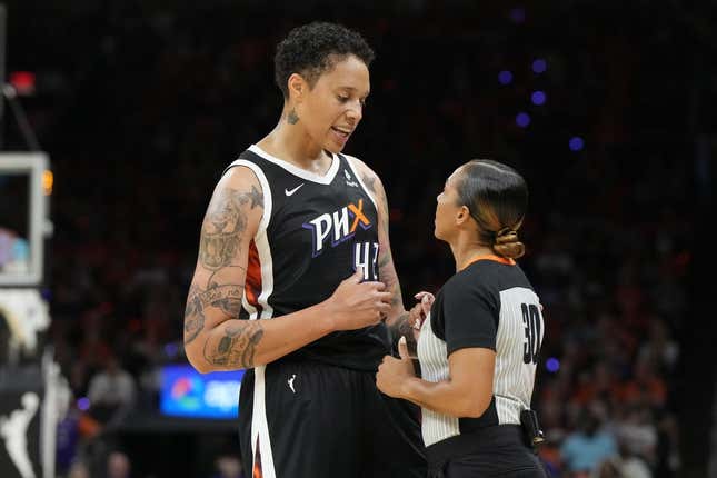 May 21, 2023; Phoenix, Arizona, USA; Phoenix Mercury center Brittney Griner (42) talks to WNBA official Sha&#39;Rae Mitchell in the second half against the Chicago Sky at Footprint Center.