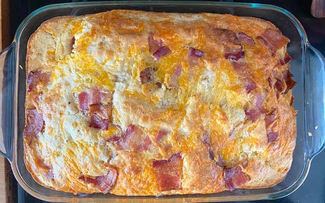 Bacon, egg, and cheese pancake casserole after baking.