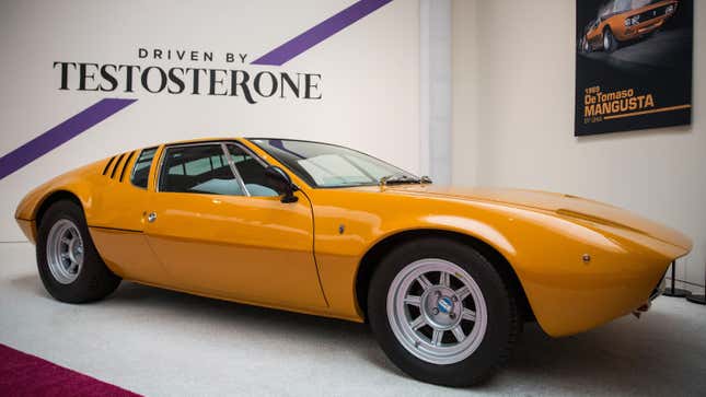 A 1969 De Tomaso Mangusta on display at Sotheby’s.
