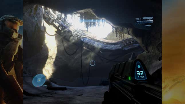 Light pours in through a gash in the cave roof in Halo 3.