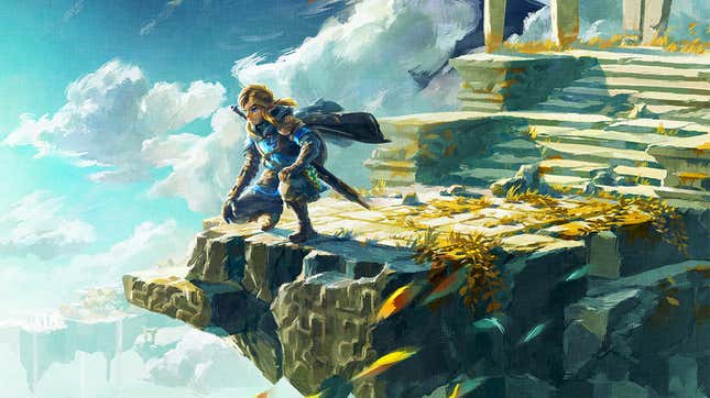 Key art for Tears of the Kingdom shows hero Link crouching on the edge of a floating platform, looking down.