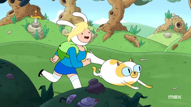 A screenshot of Fiona and Cake running in a field from the Fiona & Cake trailer