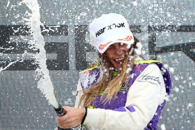 Marta Garcia celebrates her W Series win at the Norisring.