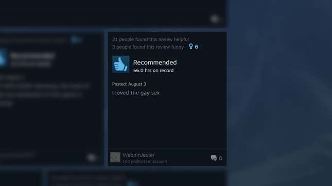 A positive review says: "I loved the gay sex."