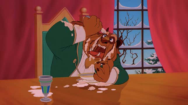 Scene from Beauty and the Beast in which Beast eats porridge rudely