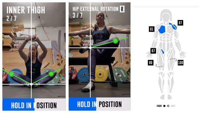 Screenshots of WODProof test (butterfly stretch and a hip rotation stretch, with green lines representing what the camera is measuring) plus a body map screenshot showing results