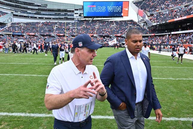 Aug 13, 2022; Chicago, Illinois, USA;  Chicago Bears head coach Matt Eberflus, left, and general manager Ryan Poles walk off the field after the Bears defeated the Kansas City Chiefs 19-14 at Soldier Field.