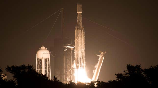 A SpaceX Falcon Heavy rocket carrying 24 satellites as part of the Department of Defense’s Space Test Program-2 (STP-2) mission launches from Launch Complex 39A on June 25, 2019 at NASA’s Kennedy Space Center in Florida.