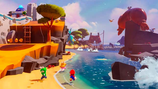 mario and rabbids run along a beach in mario and rabbids sparks of hope, a new game announced at e3 2021