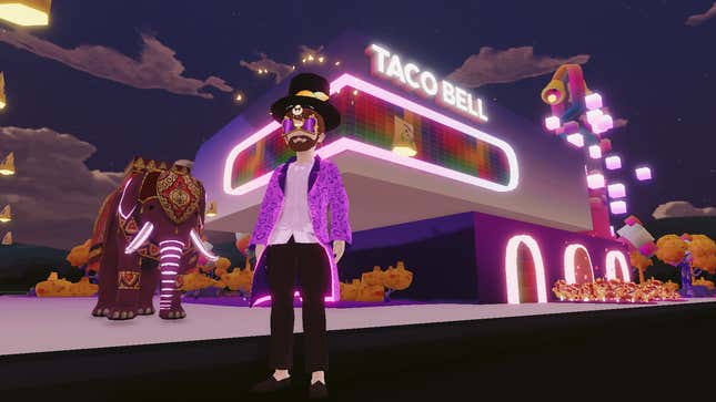 A screen shot of the metaverse Taco Bell, with the puple elephant in the background.