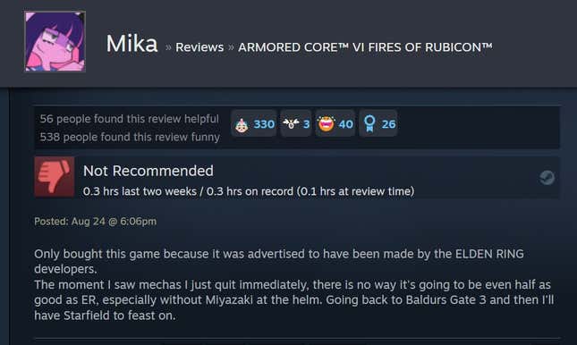 Image for article titled Armored Core VI, As Told By Steam Reviews