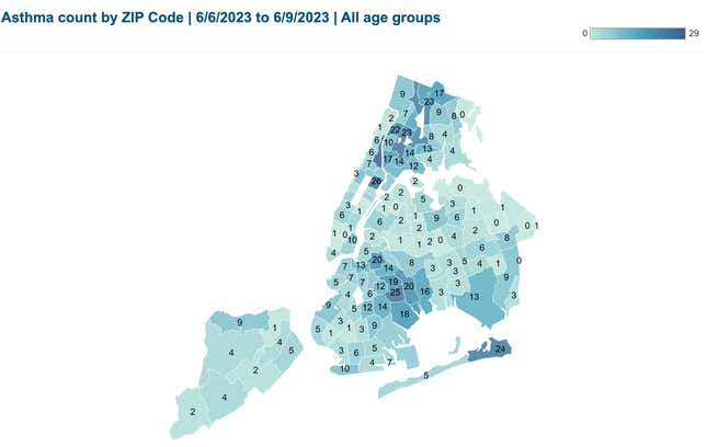Asthma ER visits throughout NYC from June 6, 2023 to June 9, 2023. 