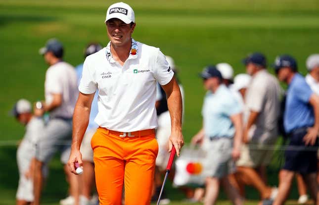 Aug 26, 2023; Atlanta, Georgia, USA; Viktor Hovland after putt out on the fifth green during the third round of the TOUR Championship golf tournament at East Lake Golf Club.