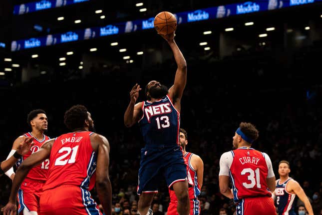 James Harden, #13 of the Brooklyn Nets, puts up a shot in the first quarter against the Philadelphia 76ers at Barclays Center on December 30, 2021, in New York City. 