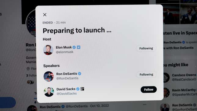 A screenshot of a Twitter Spaces room "preparing to launch" with Elon Musk, Ron DeSantis and fellow PayPal founder David Sacks