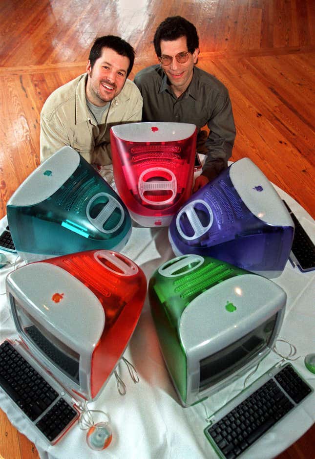 A hairy Jony Ive and Apple’s former engineering head, Jon Rubinstein, with the iMac in 1999.