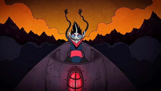 An animated character grins malevolently while riding a train