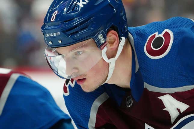 Apr 30, 2023; Denver, Colorado, USA; Colorado Avalanche defenseman Cale Makar (8) during the third period against the Seattle Kraken in game seven of the first round of the 2023 Stanley Cup Playoffs at Ball Arena.
