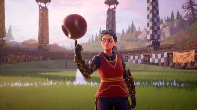 A Quidditch player spinning a Quaffle like a basketball in Harry Potter: Quidditch Champions