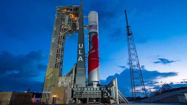 The Vulcan Centaur rocket awaiting its flight readiness test on the launch pad.