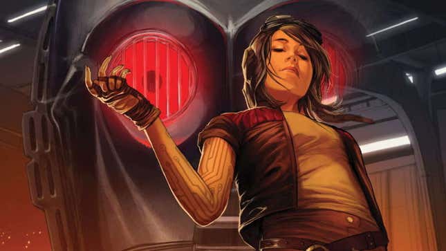 Cover art shows Doctor Aphra in front of a large droid with red eyes. 