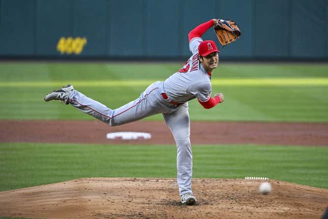 May 3, 2023; St. Louis, Missouri, USA; Los Angeles Angels starting pitcher Shohei Ohtani (17) pitches against the St. Louis Cardinals during the second inning at Busch Stadium.