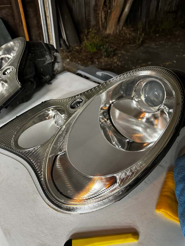 A recently refinished Porsche 996 headlight