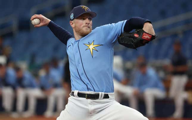 Mar 19, 2023; St. Petersburg, Florida, USA;  Tampa Bay Rays starting pitcher Drew Rasmussen (57) throws a pitch against the Toronto Blue Jays during the second inning at Tropicana Field.